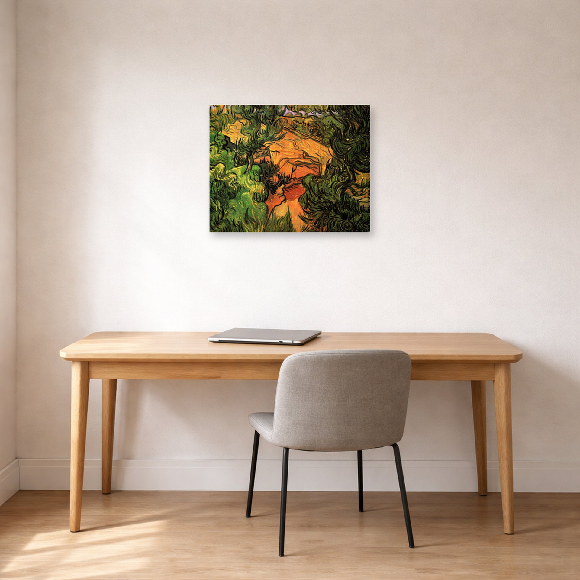 Gallery-wrapped canvas print of Vincent van Gogh's Entrance to a Quarry displayed on a wall in a home office