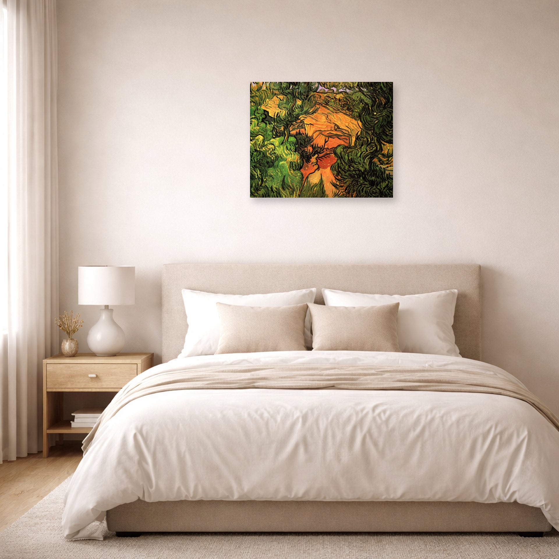 Unframed poster print of Vincent van Gogh's Entrance to a Quarry displayed on a wall in a bedroom
