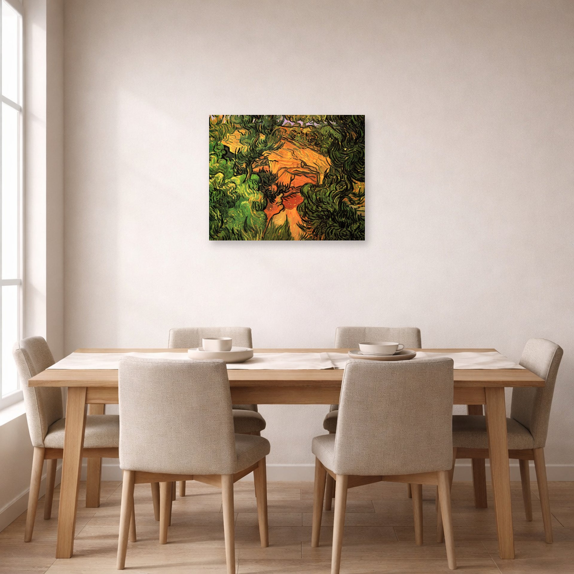 Unframed poster print of Vincent van Gogh's Entrance to a Quarry displayed on a wall in a dining room