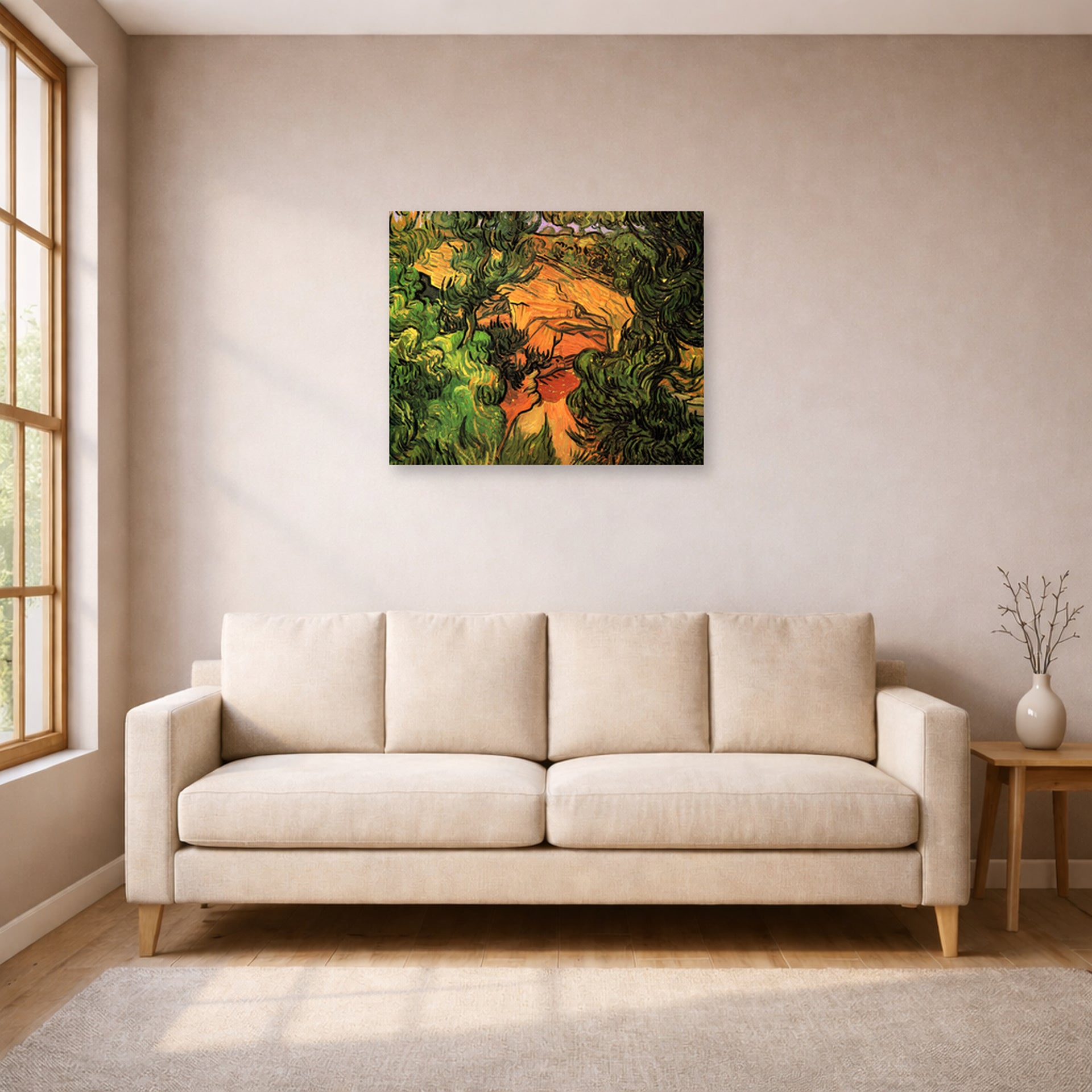 Unframed poster print of Vincent van Gogh's Entrance to a Quarry displayed on a wall in a living room