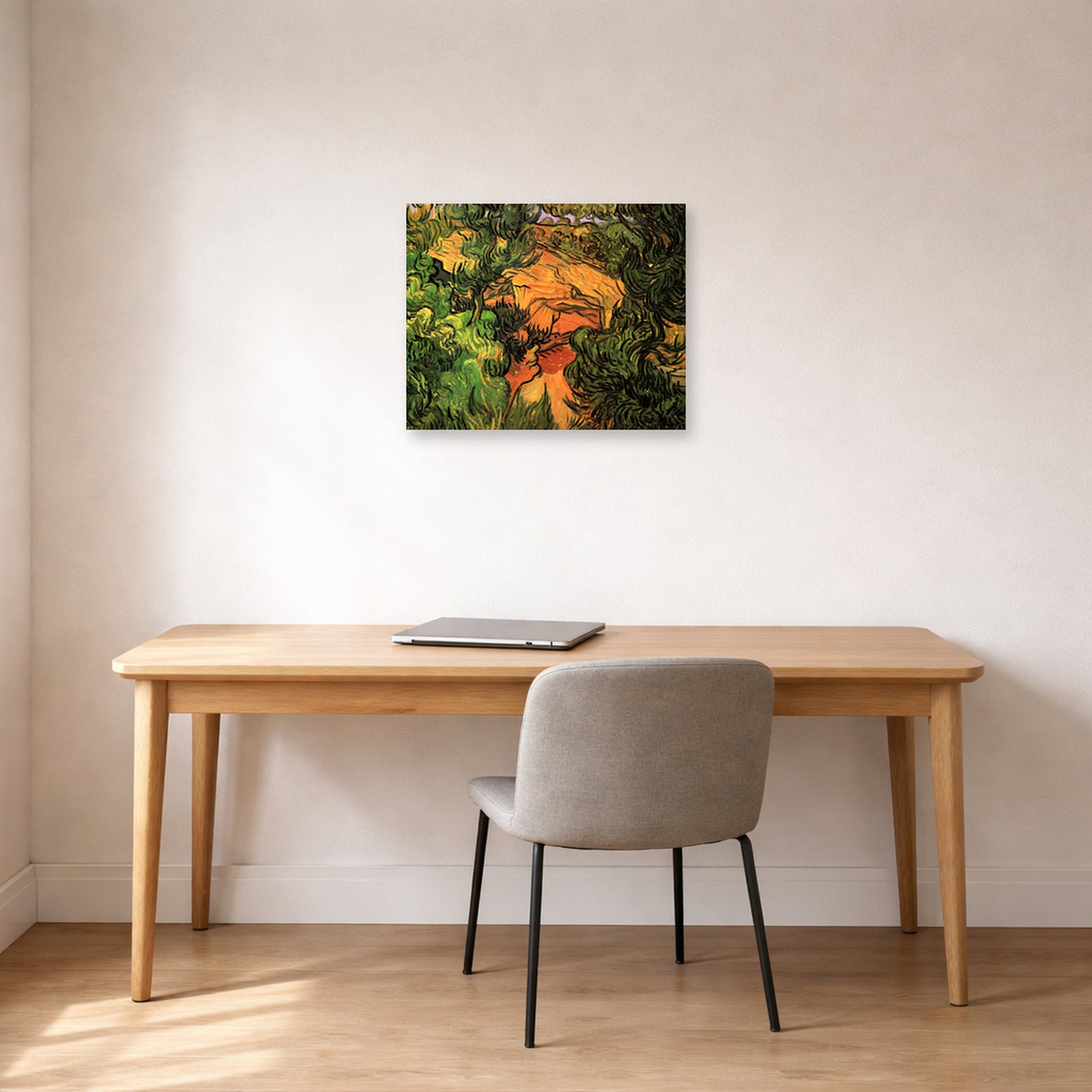Unframed poster print of Vincent van Gogh's Entrance to a Quarry displayed on a wall in a home office