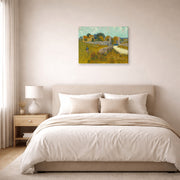 Gallery-wrapped canvas print of Vincent van Gogh's Farmhouse in Provence displayed on a wall in a bedroom