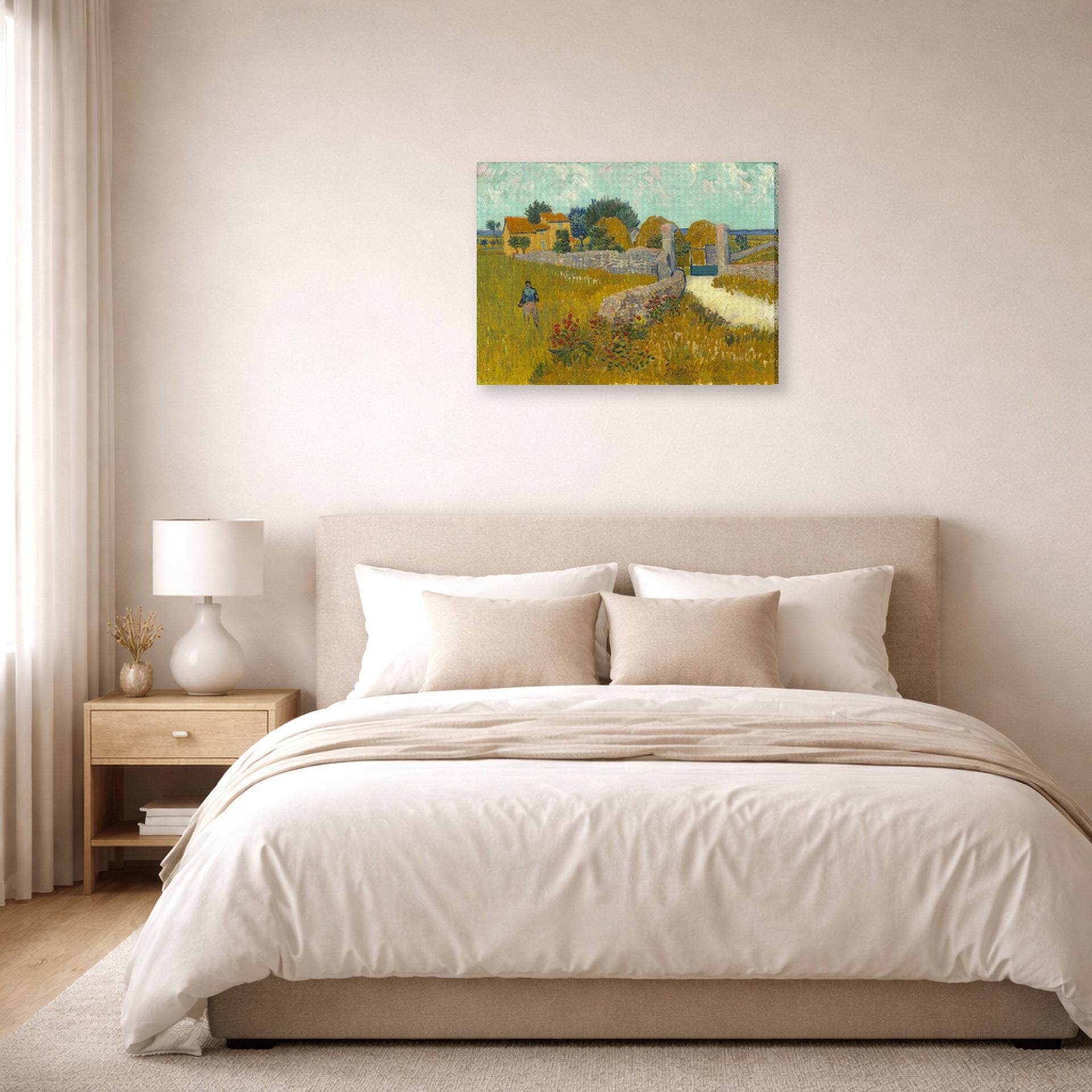 Gallery-wrapped canvas print of Vincent van Gogh's Farmhouse in Provence displayed on a wall in a bedroom