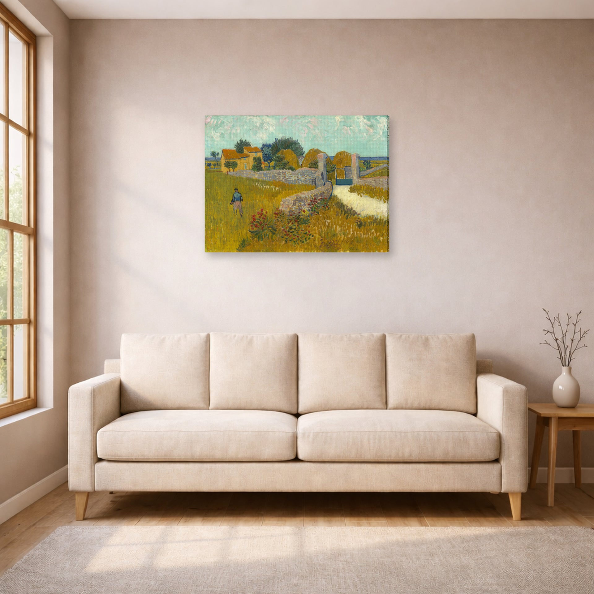 Gallery-wrapped canvas print of Vincent van Gogh's Farmhouse in Provence displayed on a wall in a living room