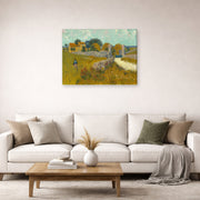 Gallery-wrapped canvas print of Vincent van Gogh's Farmhouse in Provence displayed on a wall in a living room