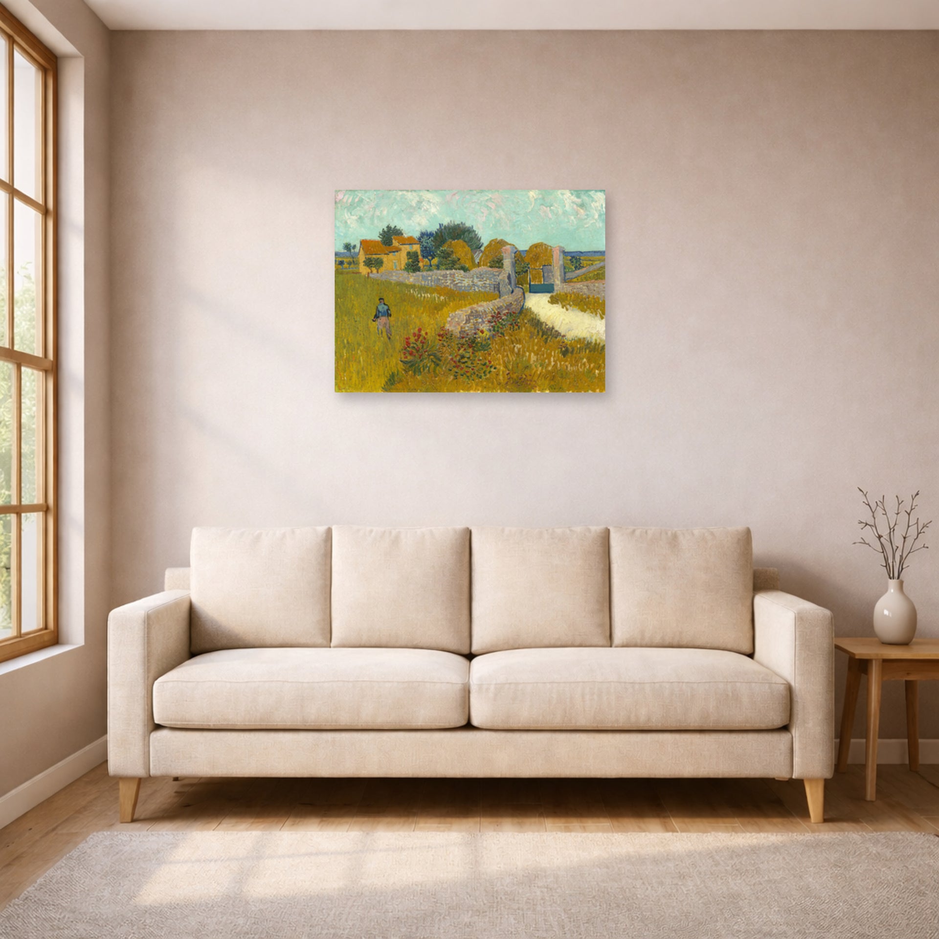 Unframed poster print of Vincent van Gogh's Farmhouse in Provence displayed on a wall in a living room