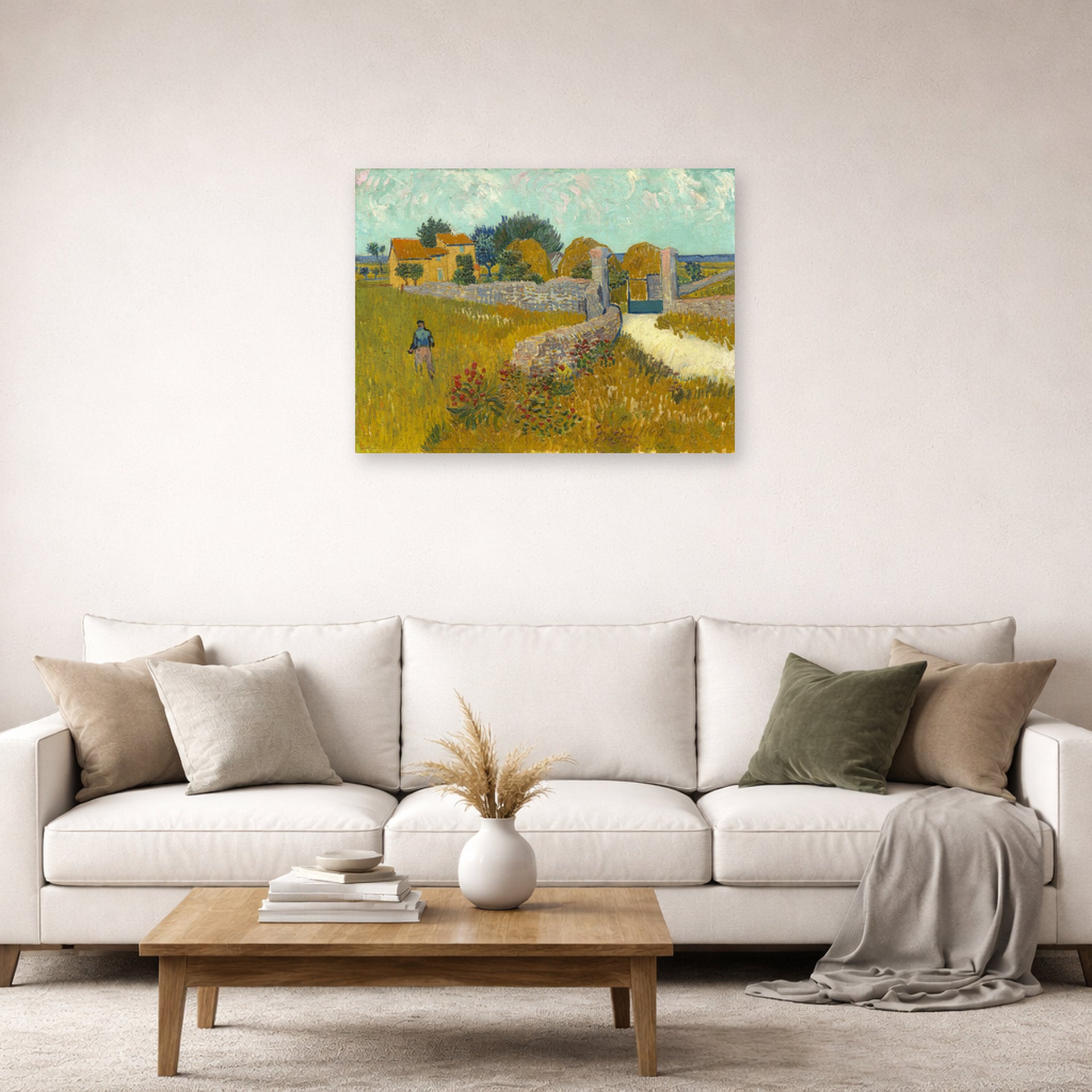 Unframed poster print of Vincent van Gogh's Farmhouse in Provence displayed on a wall in a living room