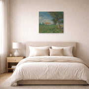 Gallery-wrapped canvas print of Vincent van Gogh's Farmhouse in a Wheatfield displayed on a wall in a bedroom