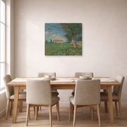 Gallery-wrapped canvas print of Vincent van Gogh's Farmhouse in a Wheatfield displayed on a wall in a dining room