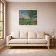 Gallery-wrapped canvas print of Vincent van Gogh's Farmhouse in a Wheatfield displayed on a wall in a living room