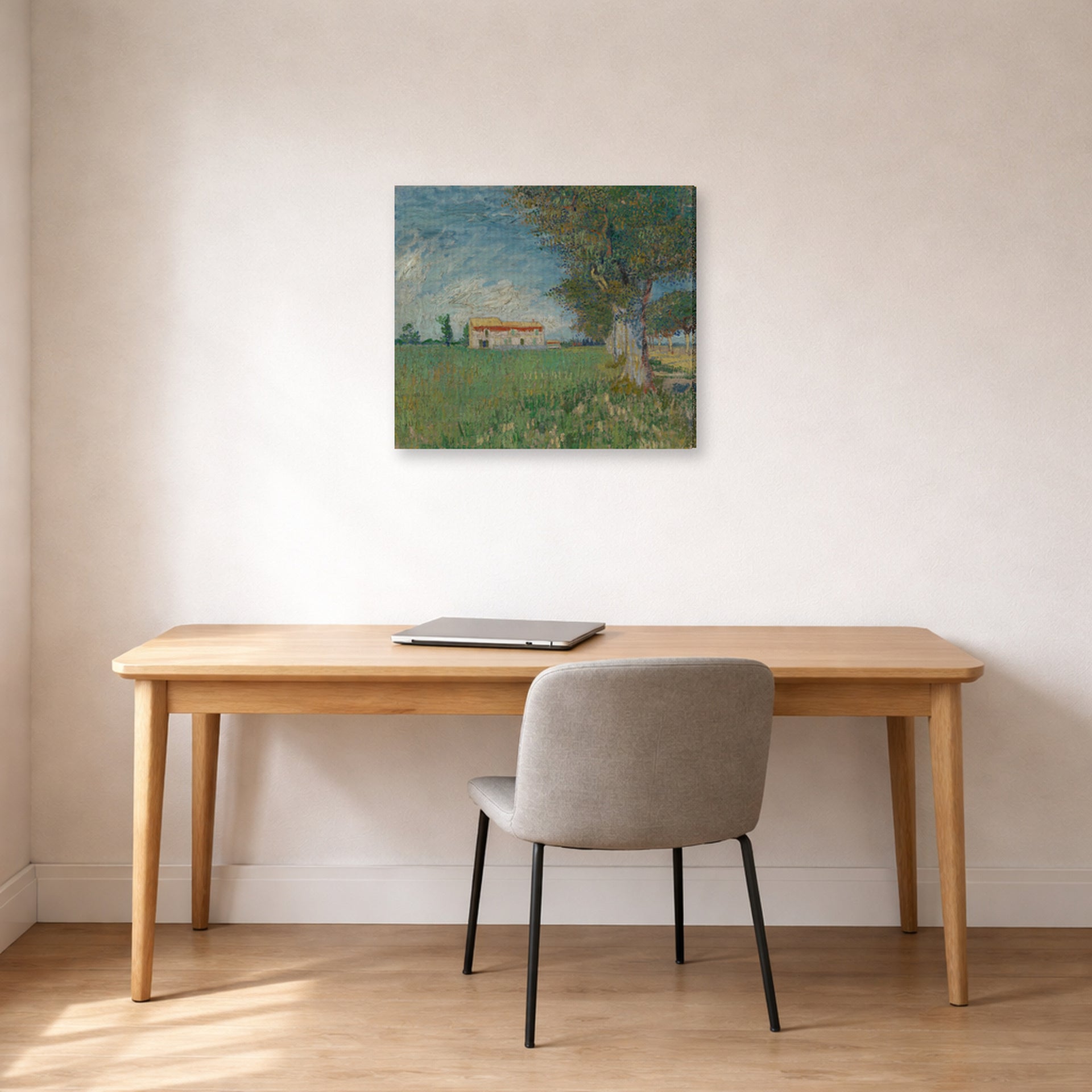 Gallery-wrapped canvas print of Vincent van Gogh's Farmhouse in a Wheatfield displayed on a wall in a home office