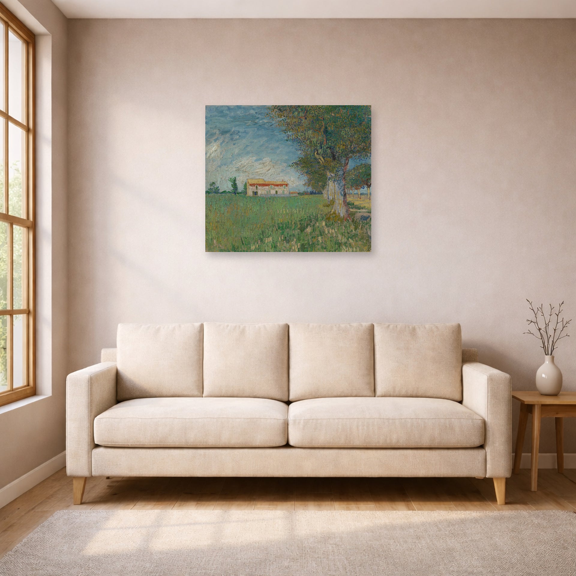 Unframed poster print of Vincent van Gogh's Farmhouse in a Wheatfield displayed on a wall in a living room