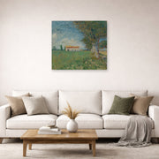 Unframed poster print of Vincent van Gogh's Farmhouse in a Wheatfield displayed on a wall in a living room