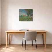 Unframed poster print of Vincent van Gogh's Farmhouse in a Wheatfield displayed on a wall in a home office