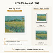 Vincent van Gogh - Field with Flowers Near Arles canvas print size comparison and framing display infographic