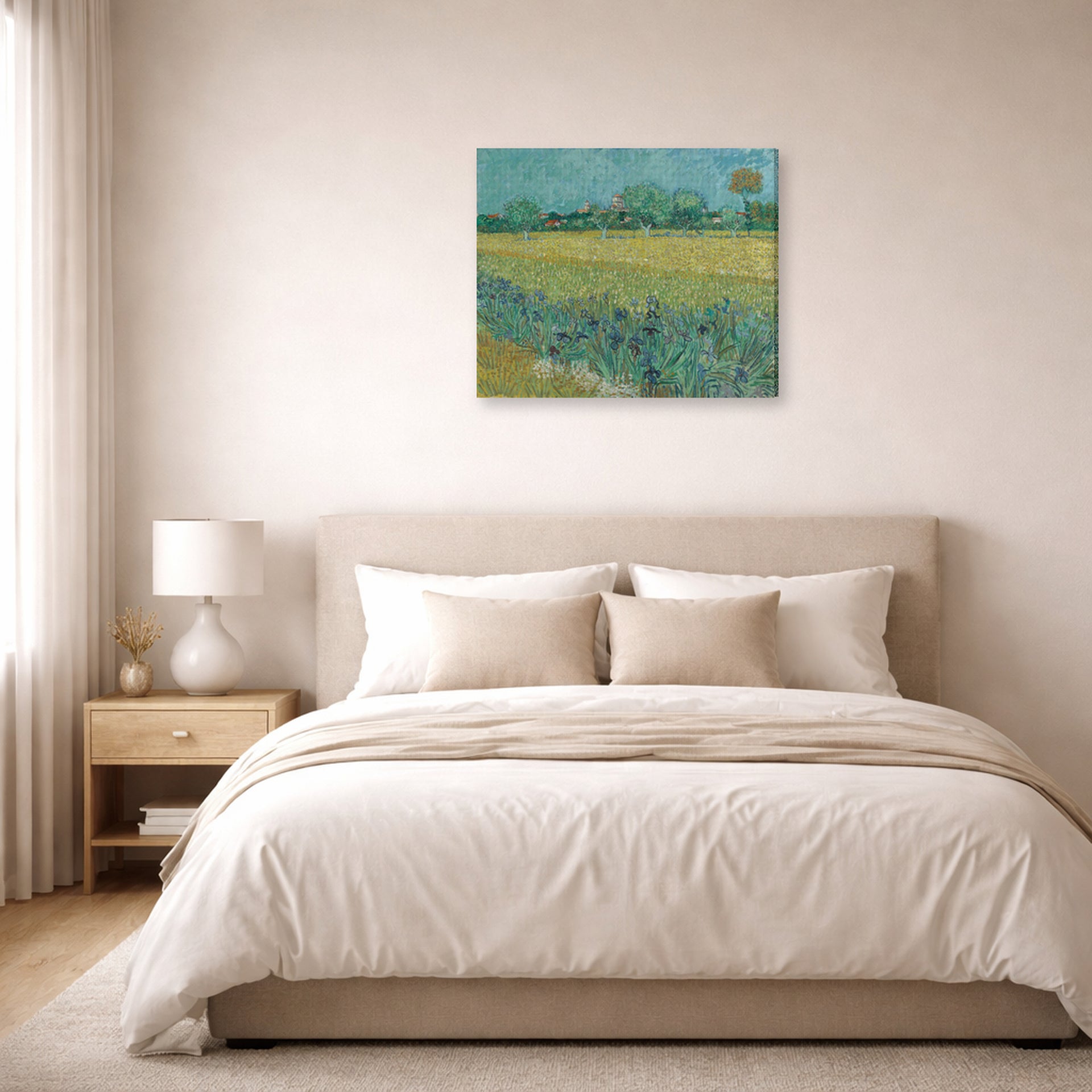 Gallery-wrapped canvas print of Vincent van Gogh's Field with Flowers Near Arles displayed on a wall in a bedroom