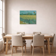 Gallery-wrapped canvas print of Vincent van Gogh's Field with Flowers Near Arles displayed on a wall in a dining room