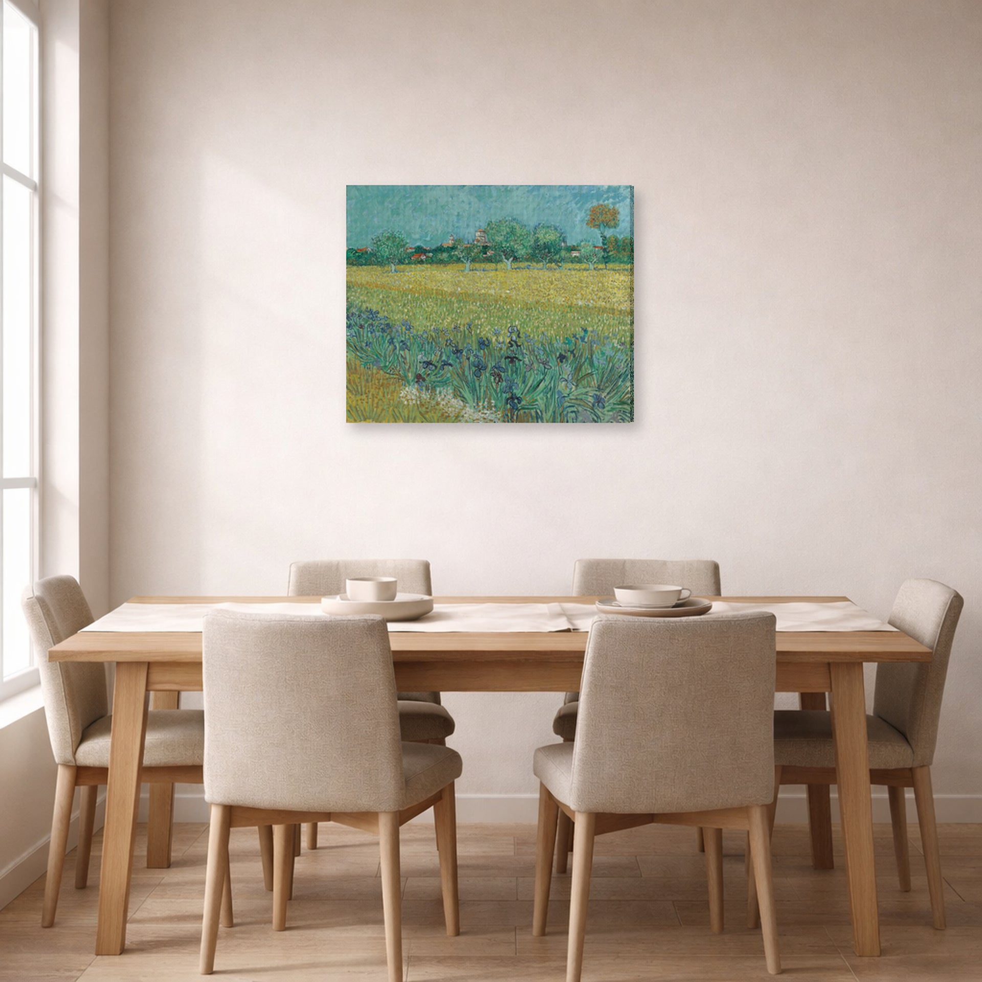 Gallery-wrapped canvas print of Vincent van Gogh's Field with Flowers Near Arles displayed on a wall in a dining room
