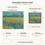Vincent van Gogh - Field with Flowers Near Arles poster print size comparison and framing display infographic