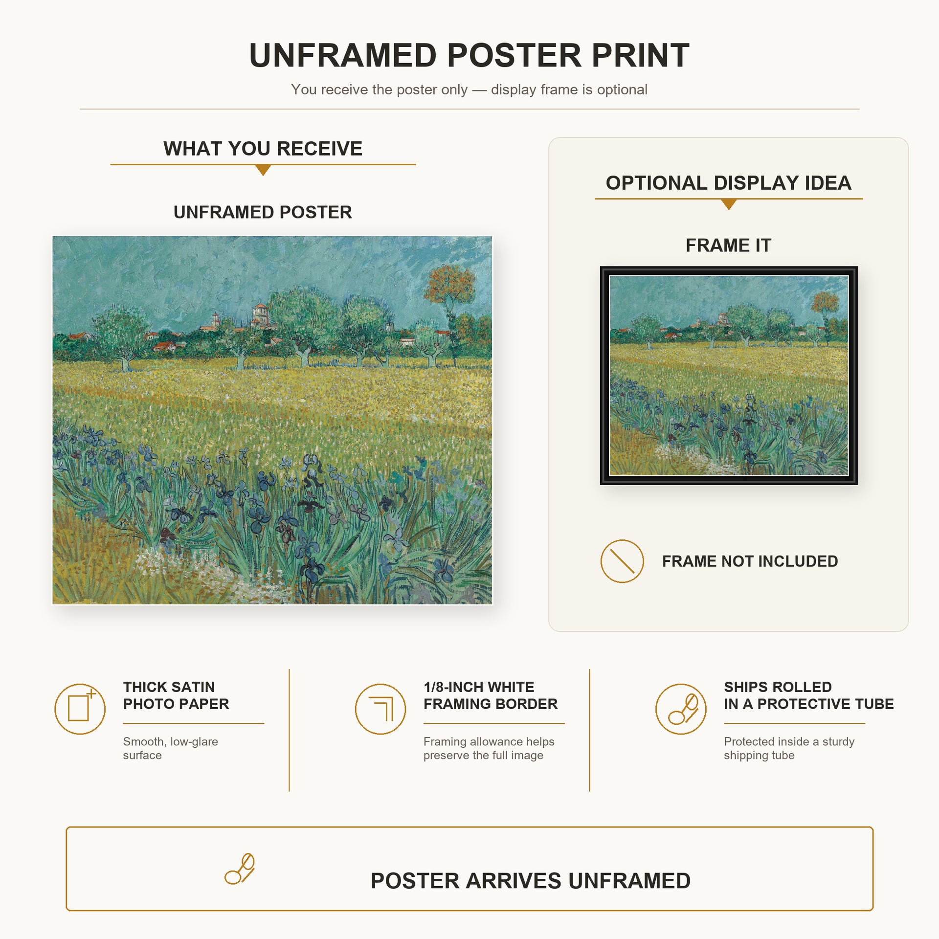 Vincent van Gogh - Field with Flowers Near Arles poster print size comparison and framing display infographic