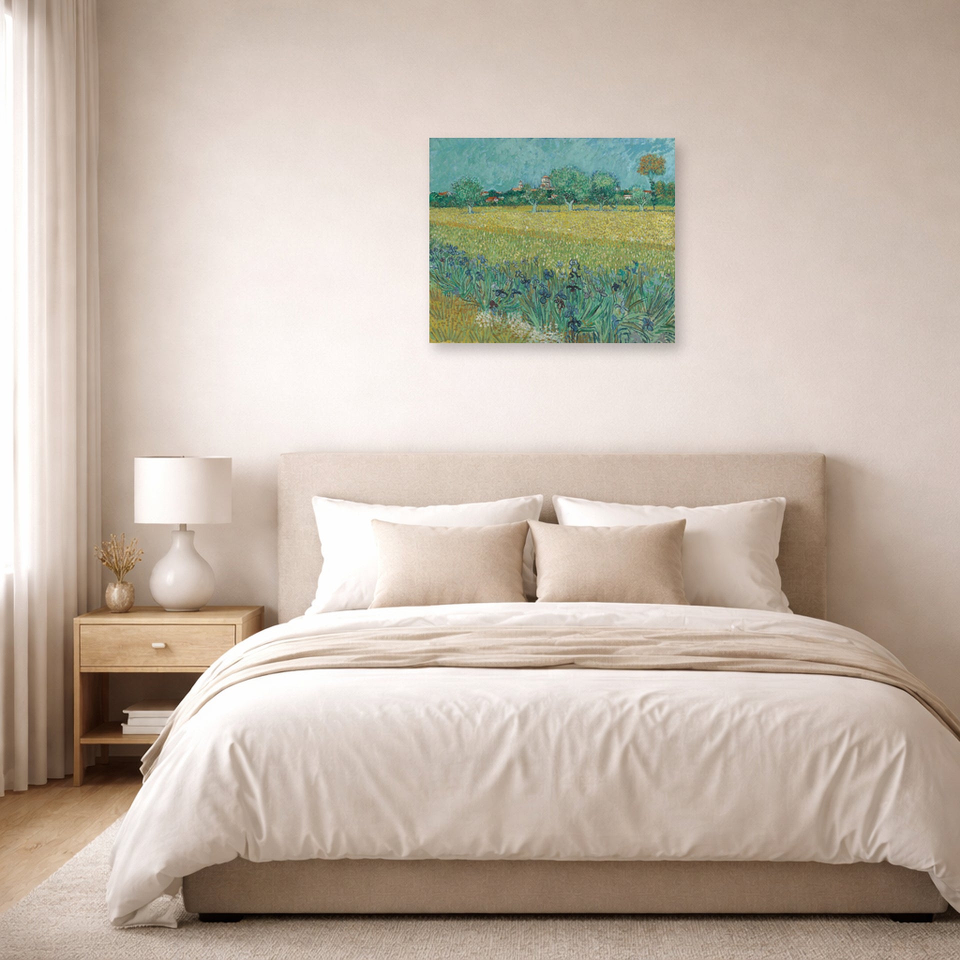Unframed poster print of Vincent van Gogh's Field with Flowers Near Arles displayed on a wall in a bedroom