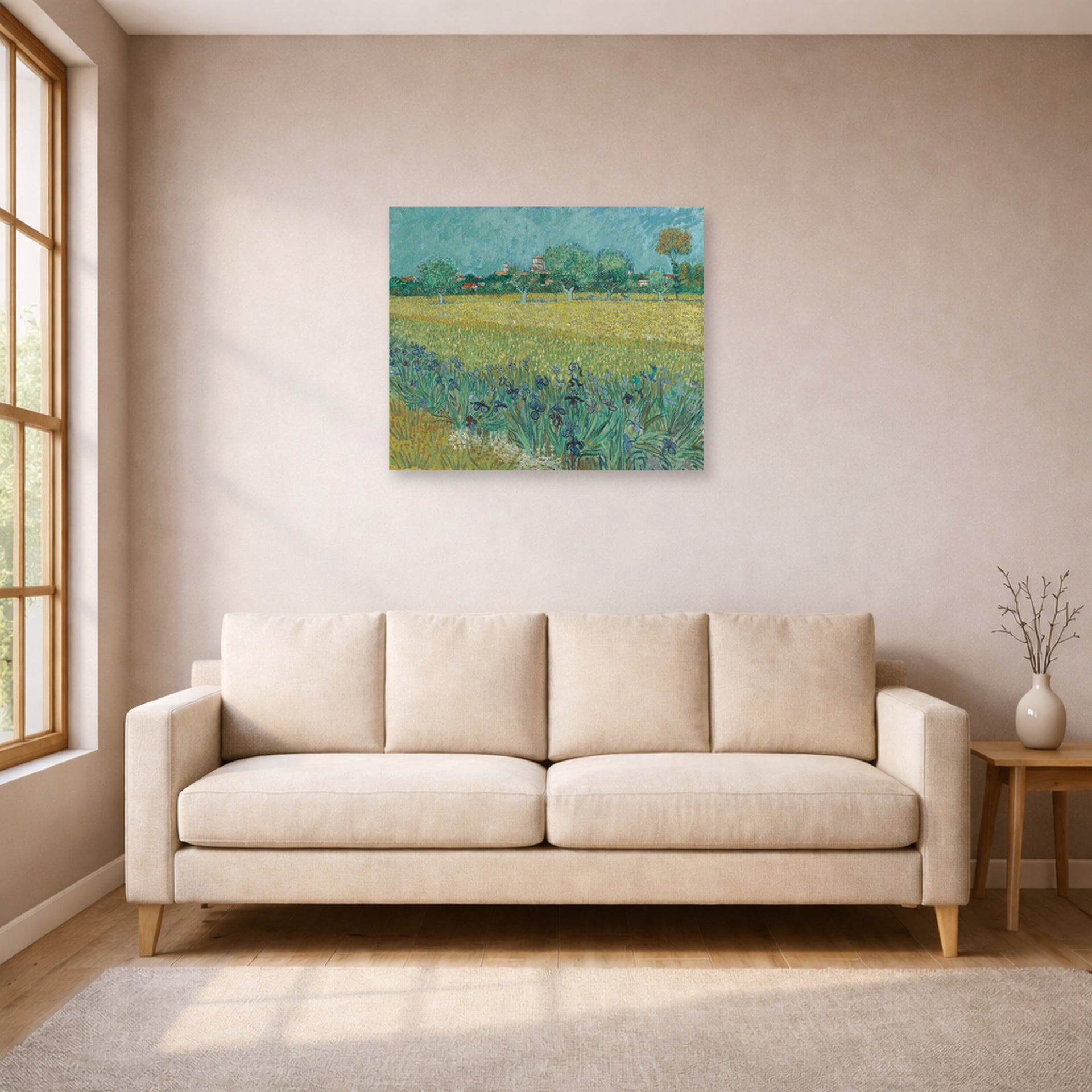 Unframed poster print of Vincent van Gogh's Field with Flowers Near Arles displayed on a wall in a living room