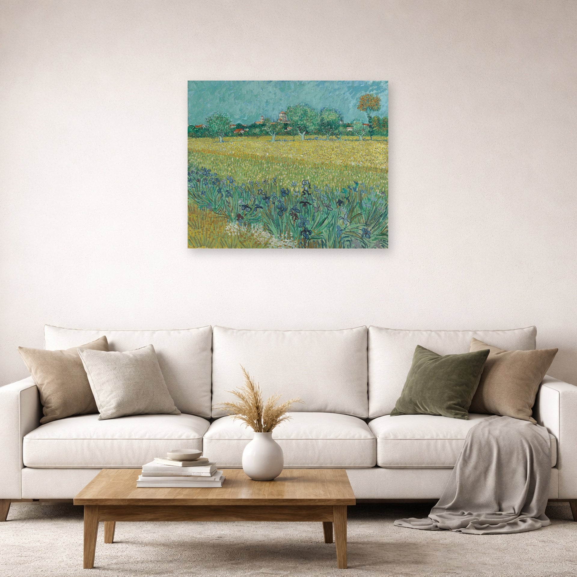 Unframed poster print of Vincent van Gogh's Field with Flowers Near Arles displayed on a wall in a living room