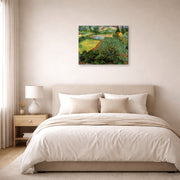 Gallery-wrapped canvas print of Vincent van Gogh's Field with Poppies displayed on a wall in a bedroom