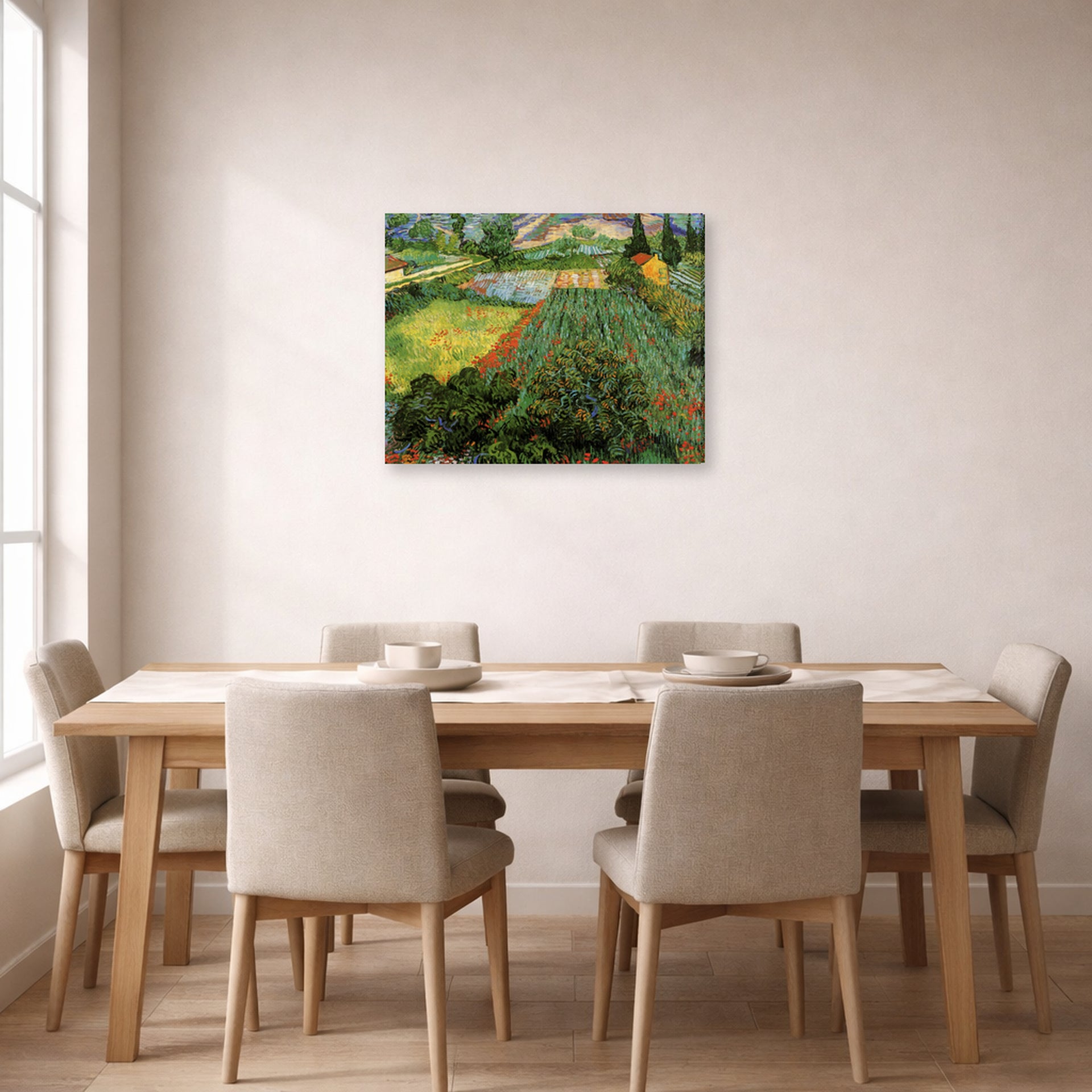 Gallery-wrapped canvas print of Vincent van Gogh's Field with Poppies displayed on a wall in a dining room