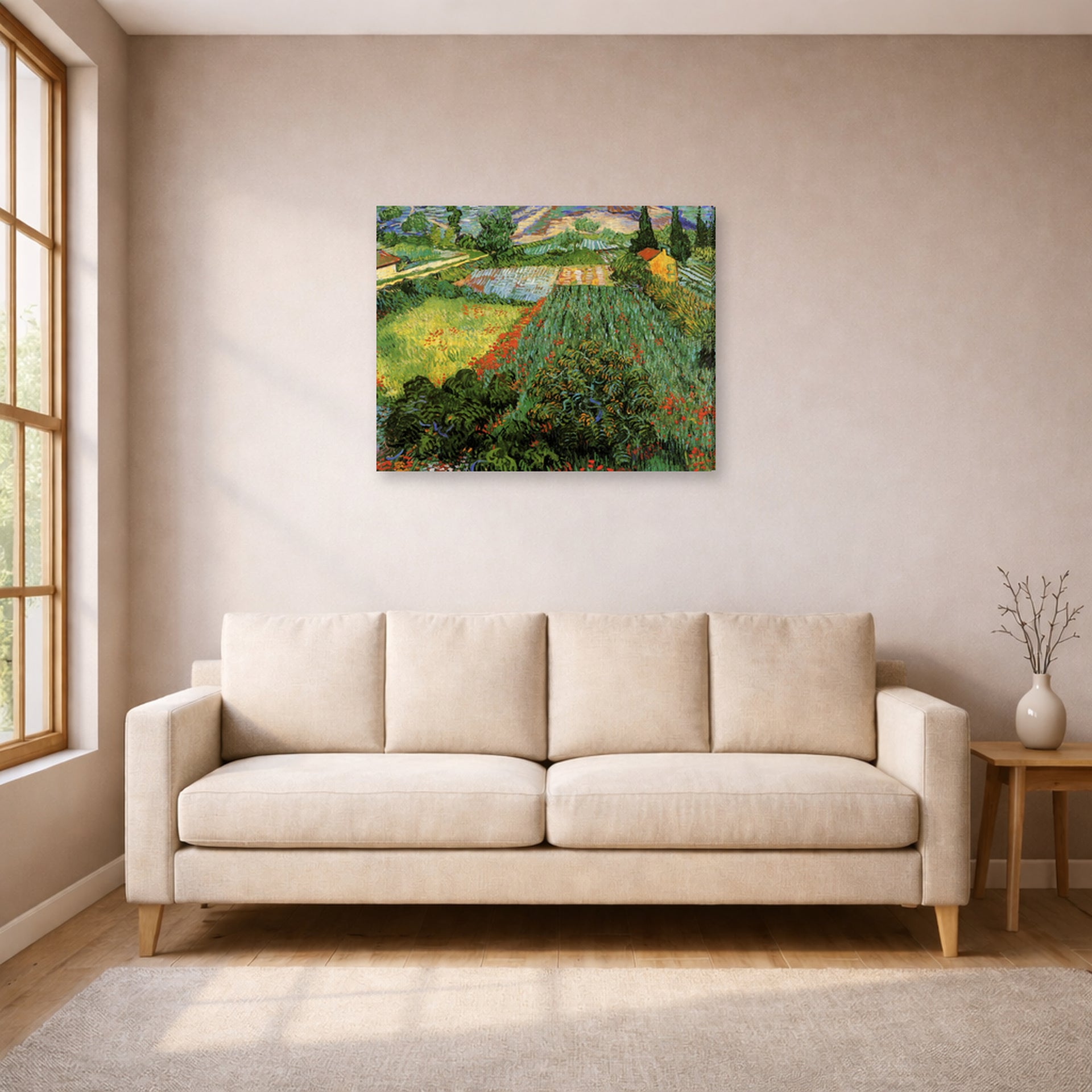 Gallery-wrapped canvas print of Vincent van Gogh's Field with Poppies displayed on a wall in a living room