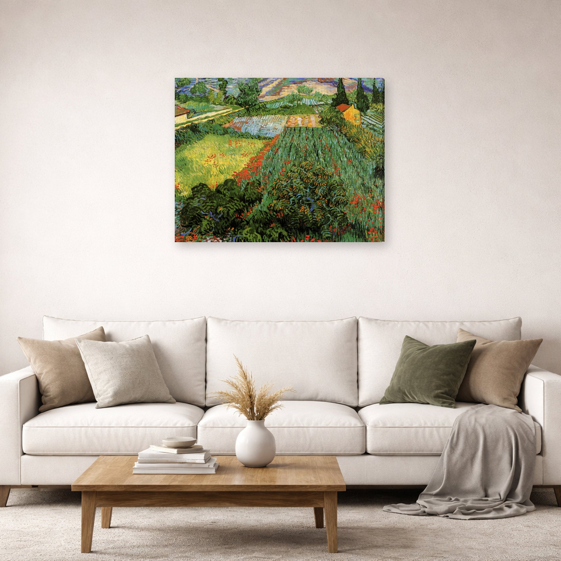 Gallery-wrapped canvas print of Vincent van Gogh's Field with Poppies displayed on a wall in a living room
