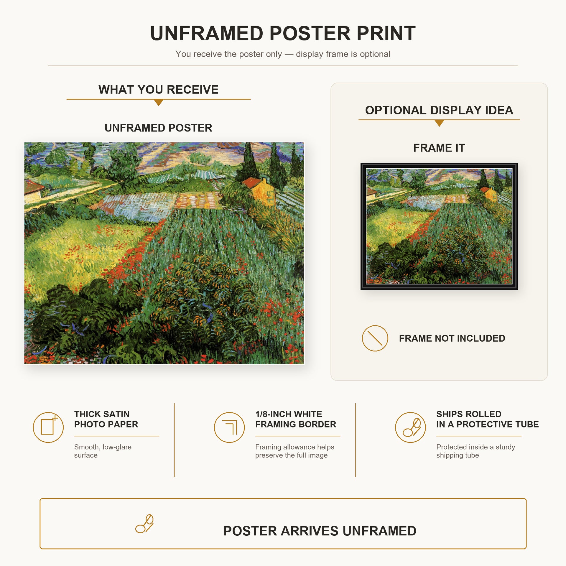 Vincent van Gogh - Field with Poppies poster print size comparison and framing display infographic