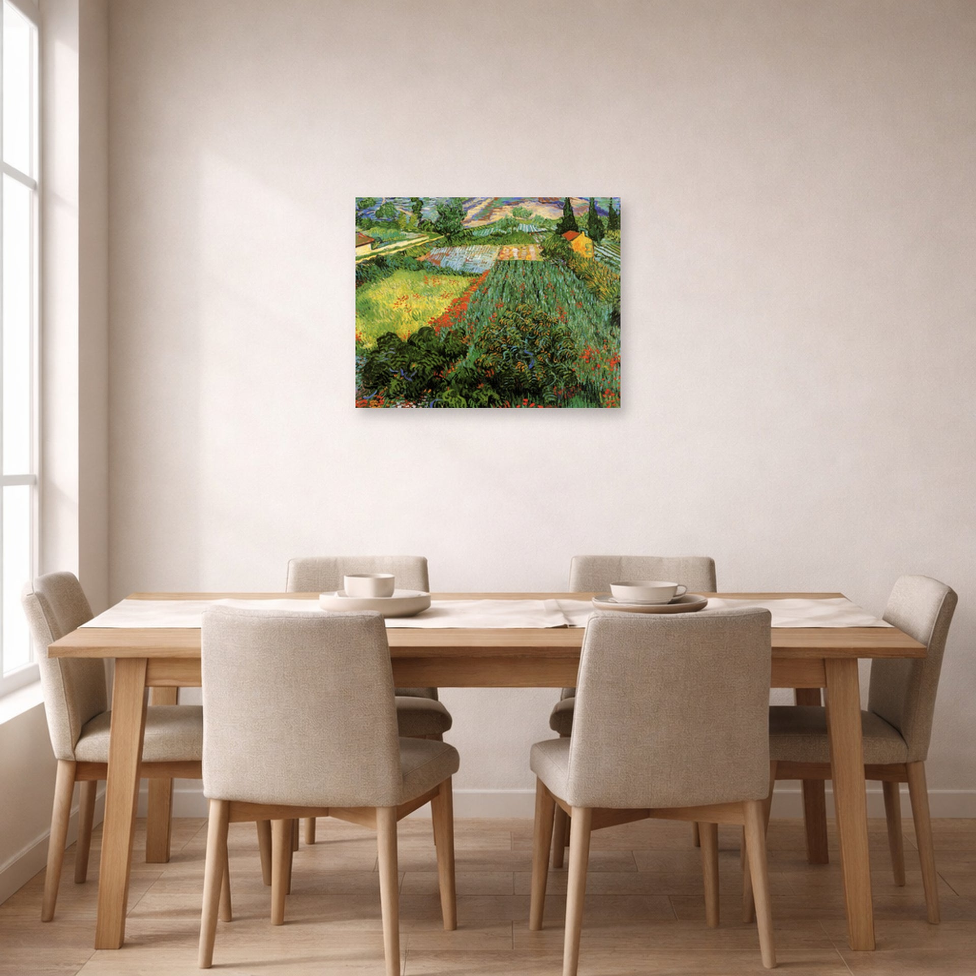 Unframed poster print of Vincent van Gogh's Field with Poppies displayed on a wall in a dining room