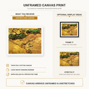 Vincent van Gogh - Field with Two Rabbits canvas print size comparison and framing display infographic