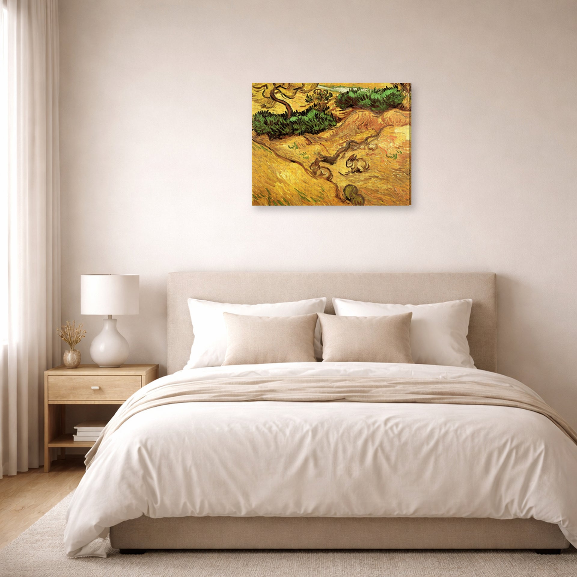 Gallery-wrapped canvas print of Vincent van Gogh's Field with Two Rabbits displayed on a wall in a bedroom
