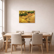 Gallery-wrapped canvas print of Vincent van Gogh's Field with Two Rabbits displayed on a wall in a dining room