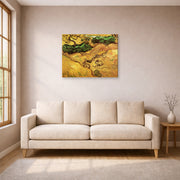 Gallery-wrapped canvas print of Vincent van Gogh's Field with Two Rabbits displayed on a wall in a living room