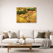 Gallery-wrapped canvas print of Vincent van Gogh's Field with Two Rabbits displayed on a wall in a living room