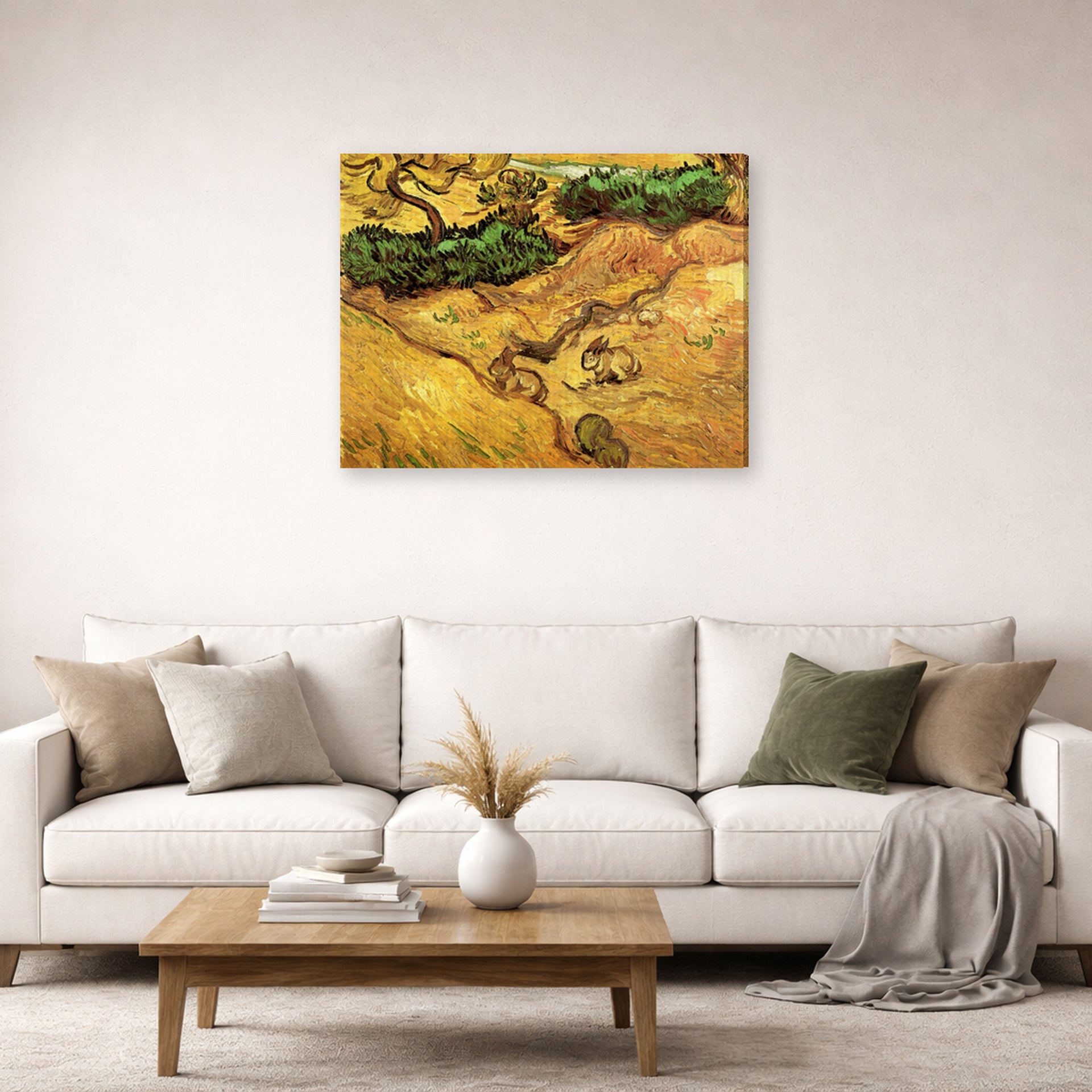 Gallery-wrapped canvas print of Vincent van Gogh's Field with Two Rabbits displayed on a wall in a living room