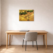Gallery-wrapped canvas print of Vincent van Gogh's Field with Two Rabbits displayed on a wall in a home office