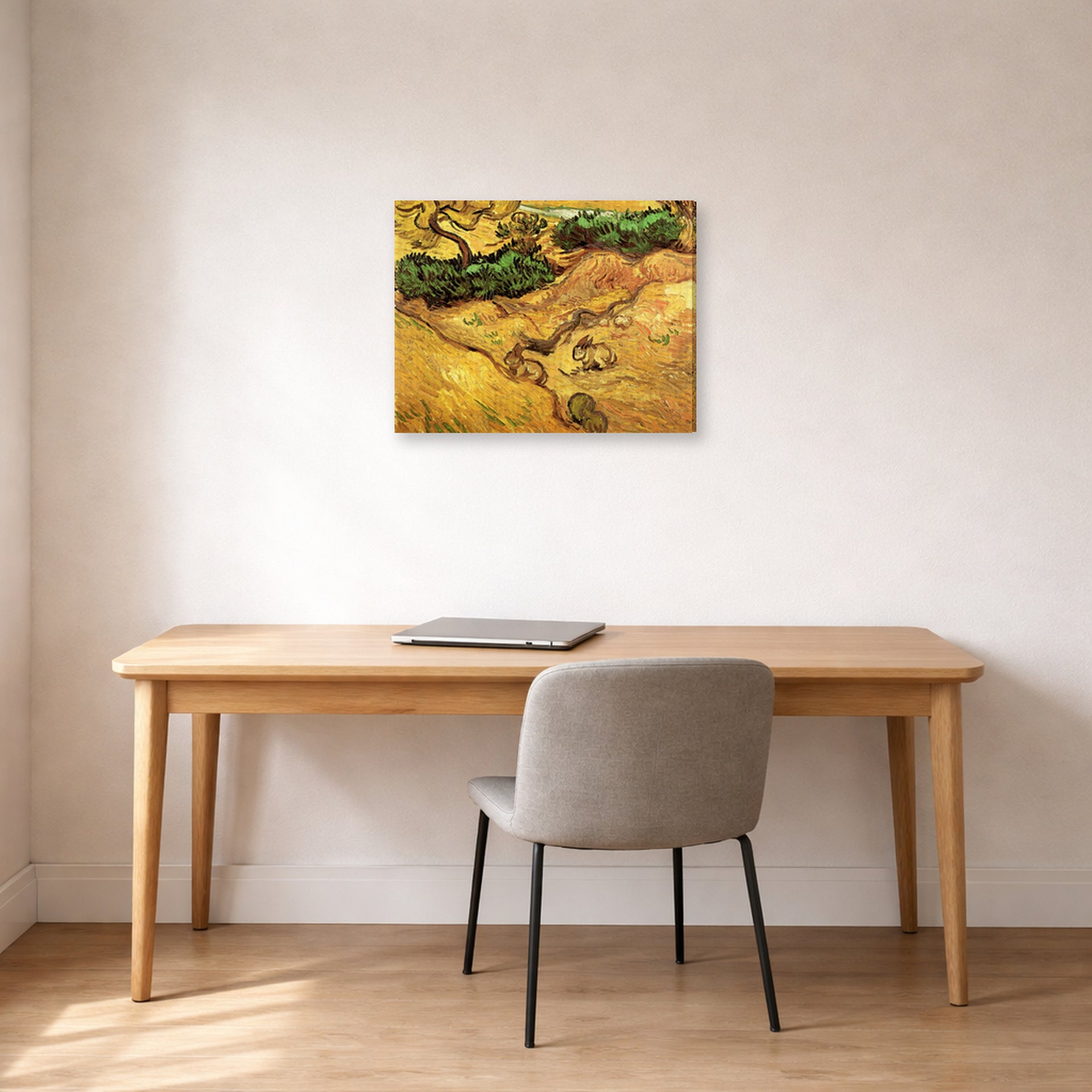Gallery-wrapped canvas print of Vincent van Gogh's Field with Two Rabbits displayed on a wall in a home office