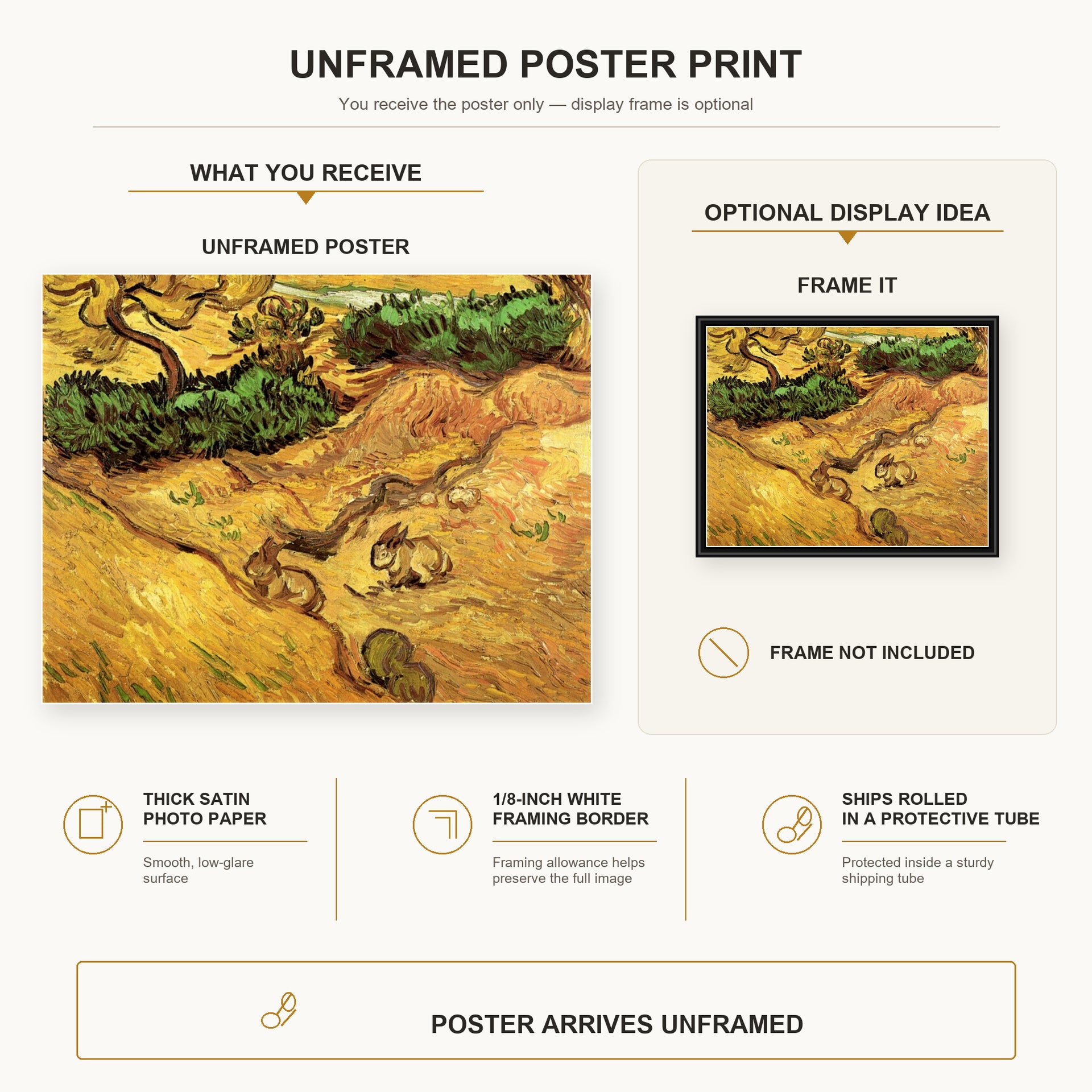 Vincent van Gogh - Field with Two Rabbits poster print size comparison and framing display infographic