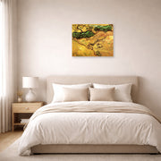 Unframed poster print of Vincent van Gogh's Field with Two Rabbits displayed on a wall in a bedroom