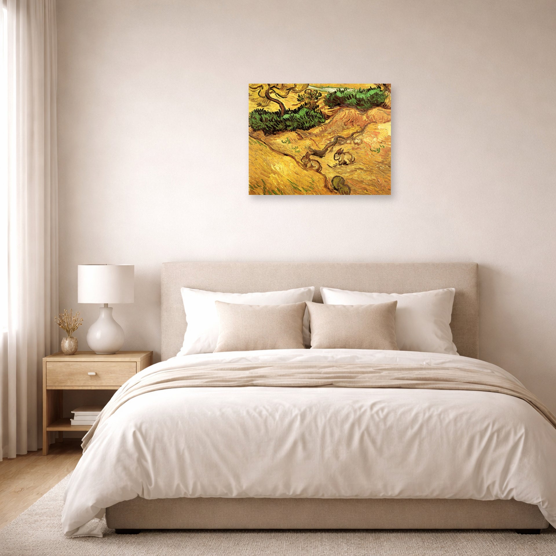 Unframed poster print of Vincent van Gogh's Field with Two Rabbits displayed on a wall in a bedroom
