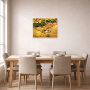 Unframed poster print of Vincent van Gogh's Field with Two Rabbits displayed on a wall in a dining room