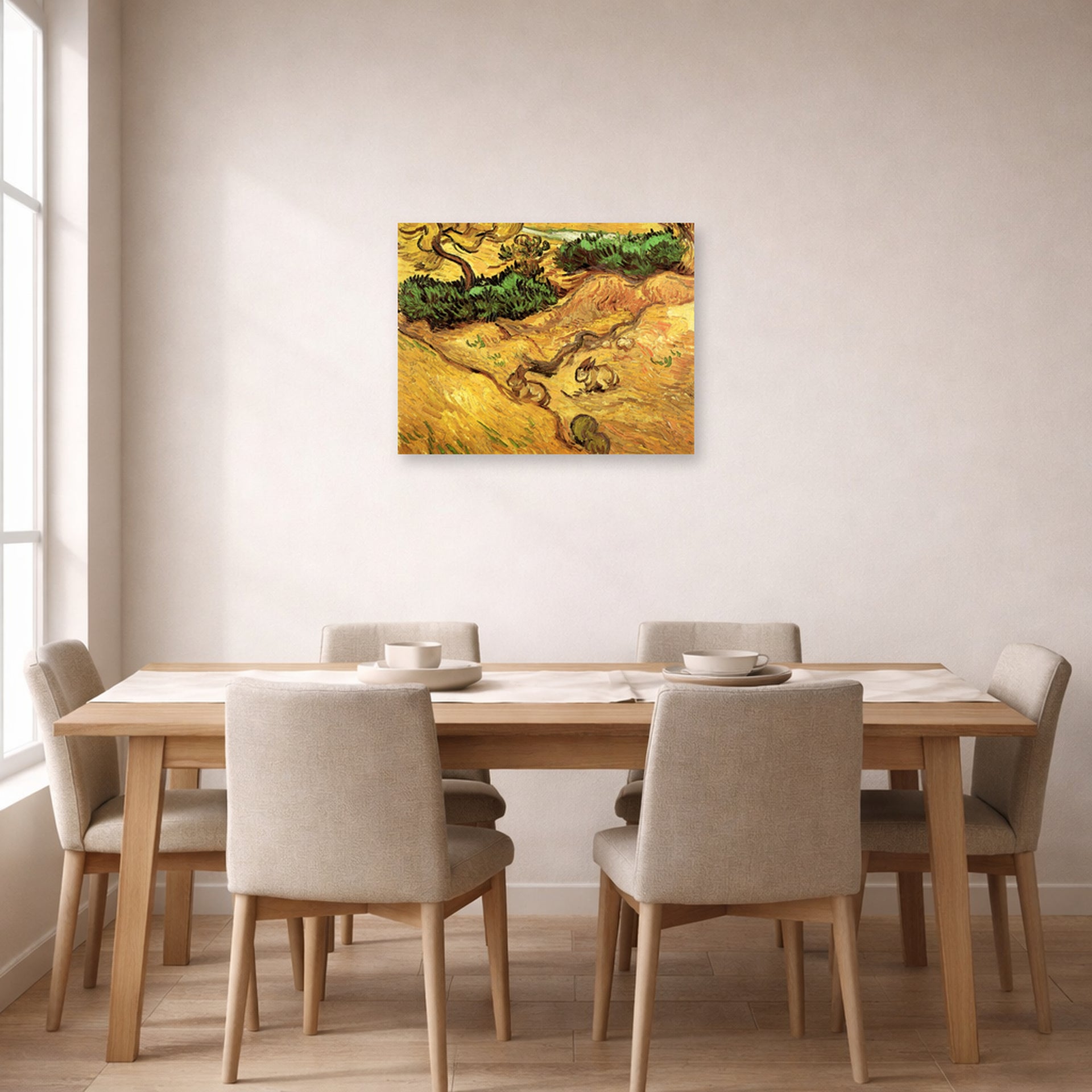 Unframed poster print of Vincent van Gogh's Field with Two Rabbits displayed on a wall in a dining room