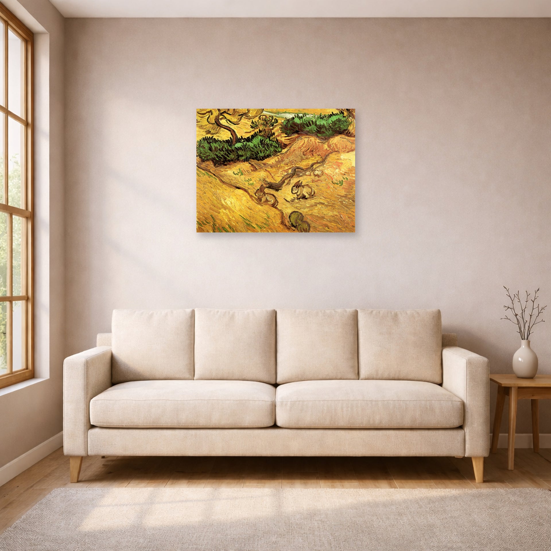 Unframed poster print of Vincent van Gogh's Field with Two Rabbits displayed on a wall in a living room