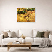 Unframed poster print of Vincent van Gogh's Field with Two Rabbits displayed on a wall in a living room