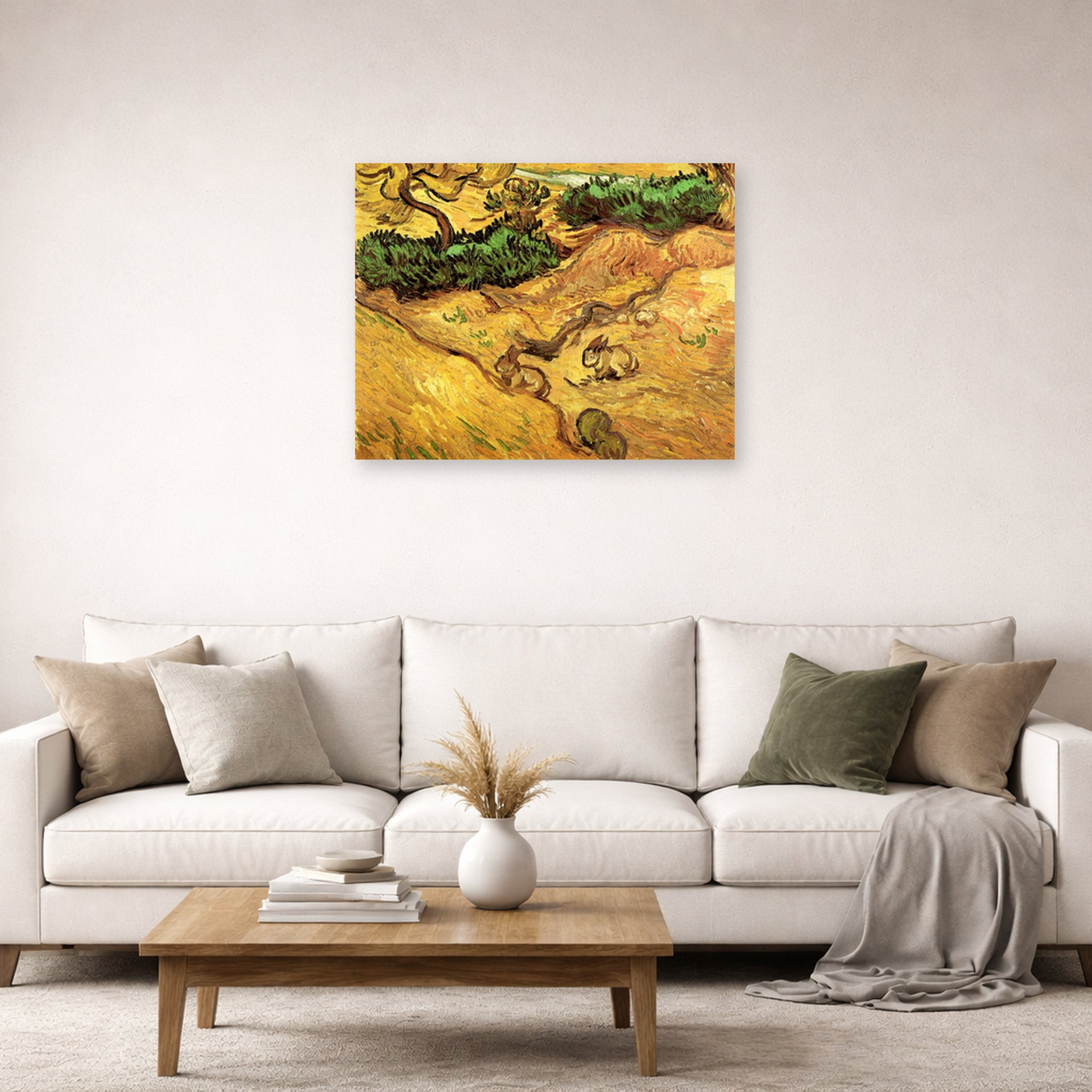 Unframed poster print of Vincent van Gogh's Field with Two Rabbits displayed on a wall in a living room