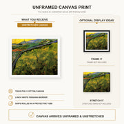 Vincent van Gogh - Field of Spring Wheat at Sunrise canvas print size comparison and framing display infographic